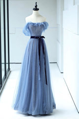 Prom Dress Unique, Blue Floor Length Prom Dress, A-line Strapless Tulle Evening Dress