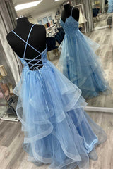 Bridesmaid Dress As Wedding Dress, Blue Floral Appliques Lace-Up Tiered A-Line Prom Dress Holiday Dresses