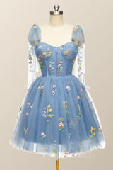 Party Dress, Blue Floral Corset A-line Homecoming Dress with Tie Shoulders