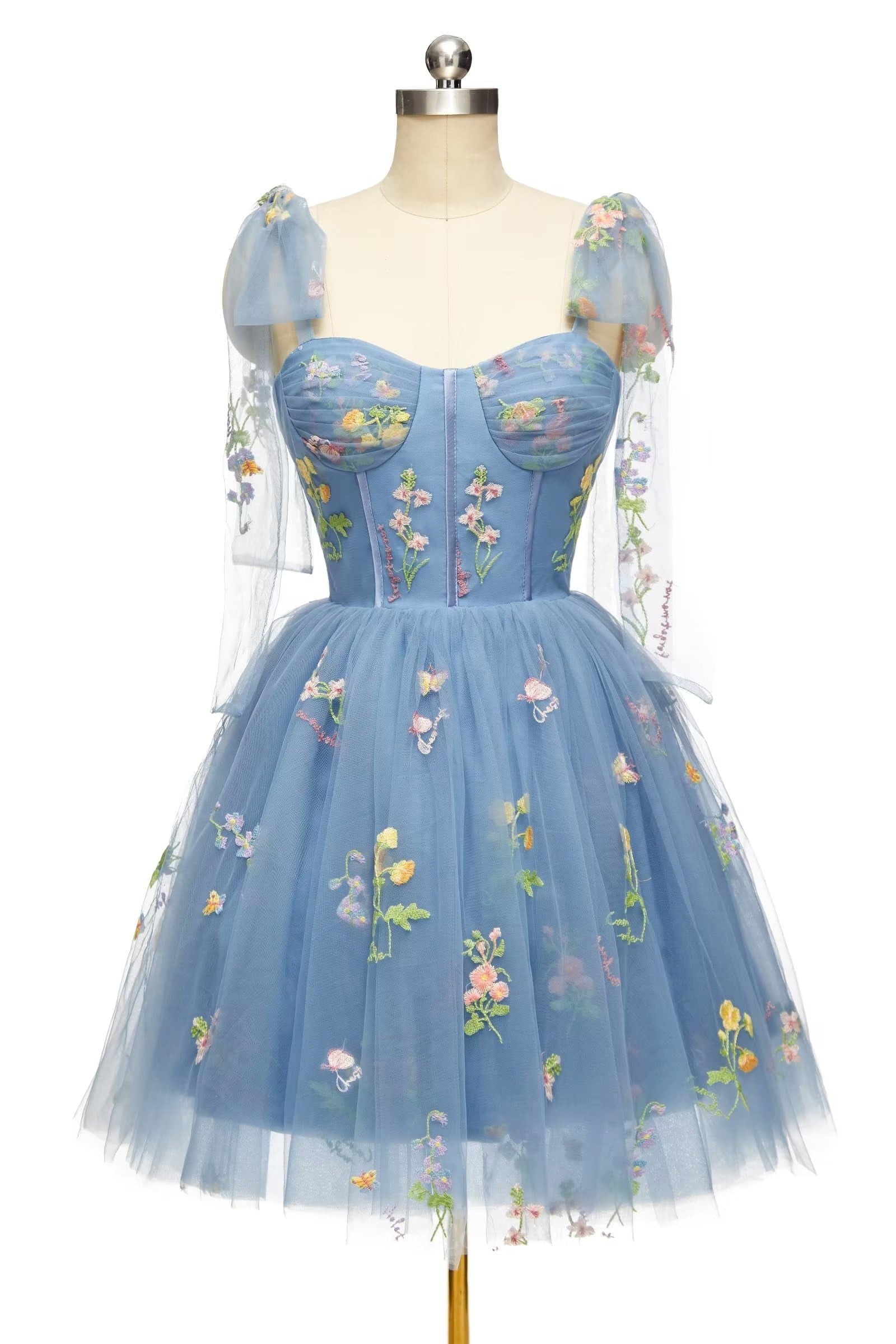 Green Prom Dress, Blue Floral Corset A-line Homecoming Dress with Tie Shoulders