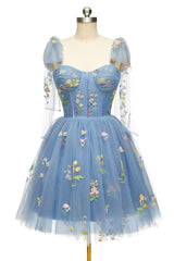 Green Prom Dress, Blue Floral Corset A-line Homecoming Dress with Tie Shoulders