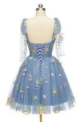 Graduation Outfit Ideas, Blue Floral Corset A-line Homecoming Dress with Tie Shoulders