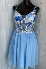 Evening Dresses With Sleeves, Blue Floral Embroidered A-line Short Homecoming Dresses