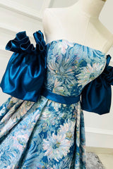 Evening Dress Near Me, Blue Floral Pattern Long Senior Prom Dress, Off the Shoulder Evening Party Dress