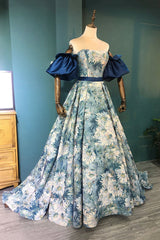 Evening Dresses Sale, Blue Floral Pattern Long Senior Prom Dress, Off the Shoulder Evening Party Dress