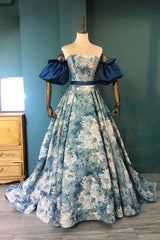 Evening Dress Shops, Blue Floral Pattern Long Senior Prom Dress, Off the Shoulder Evening Party Dress