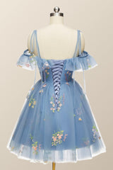 Prom Dress Silk, Blue Floral Ruffle A-line Homecoming Dress