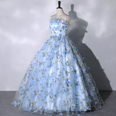 Party Dress For Couple, Blue Floral Sweetheart Floor Length Formal Dresses, Blue Long Party Dresses