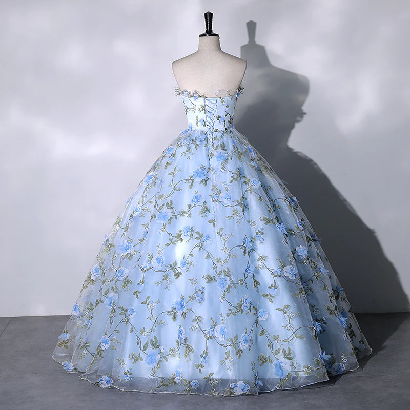 Prom Dress Inspo, Blue Floral Sweetheart Floor Length Formal Dresses, Blue Long Party Dresses