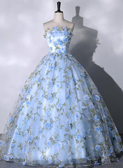 Black Dress Outfit, Blue Floral Sweetheart Floor Length Formal Dresses, Blue Long Party Dresses