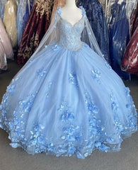 Party Dress Style, Blue flowers  tulle ball gown , chic prom dress
