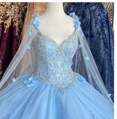 Party Dresses Sale, Blue flowers  tulle ball gown , chic prom dress