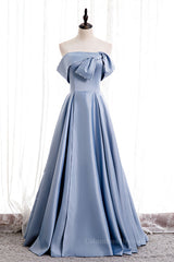 Evening Dress For Weddings, Blue Folded Strapless Satin Lace-Up Pearl Beaded Maxi Formal Dress with Pocket