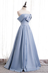 Evening Dress For Wedding, Blue Folded Strapless Satin Lace-Up Pearl Beaded Maxi Formal Dress with Pocket