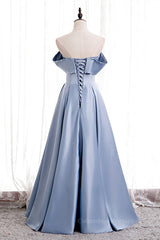 Evening Dresses For Wedding, Blue Folded Strapless Satin Lace-Up Pearl Beaded Maxi Formal Dress with Pocket