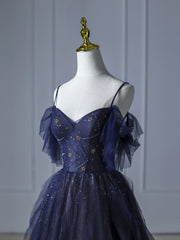 Bridesmaid Dress Satin, Blue Gradient Tulle Long Prom Dress,Beautiful Spaghetti Strap Celebrity Dresses