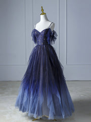Bridesmaids Dresses Satin, Blue Gradient Tulle Long Prom Dress,Beautiful Spaghetti Strap Celebrity Dresses
