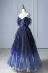 Bridesmaids Dresses Formal, Blue Gradient Tulle Long Prom Dress, Spaghetti Strap Evening Dress