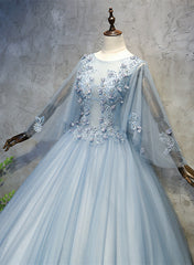 Wedding Color Palette, Blue-Grey Ball Gown Tulle Sweet 16 Dress with Lace, Long Formal Dress