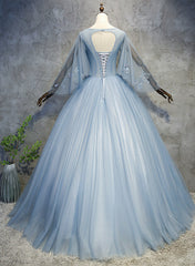 Bridal Dress, Blue-Grey Ball Gown Tulle Sweet 16 Dress with Lace, Long Formal Dress
