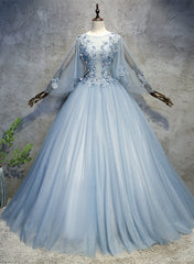 Mermaid Dress, Blue-Grey Ball Gown Tulle Sweet 16 Dress with Lace, Long Formal Dress
