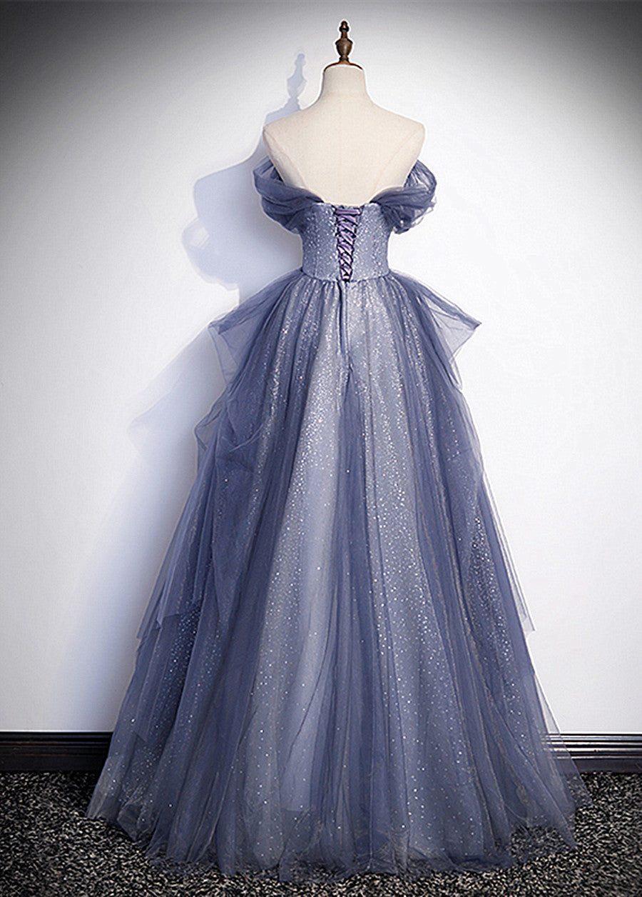 Bridesmaid Dress Gown, Blue-Grey Long A-line Off Shoulder Party Dress, New A-line Prom Dress Evening Dress