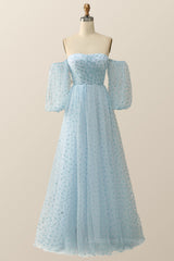 Bridesmaids Dresses Colors, Blue Hearts Printed Tulle Long Formal Dress with Puffy Sleeves