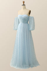 Bridesmaids Dresses Color, Blue Hearts Printed Tulle Long Formal Dress with Puffy Sleeves