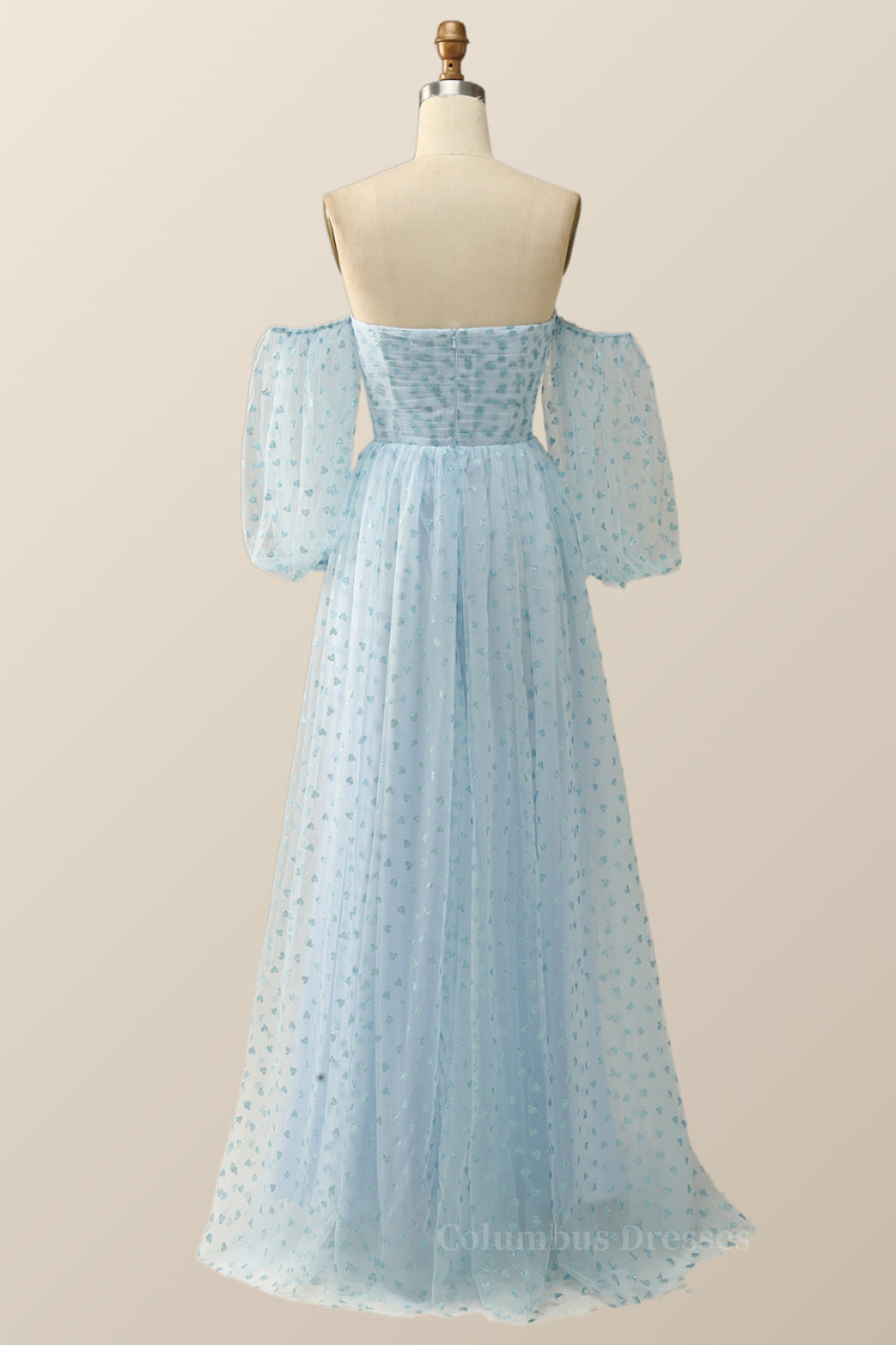 Bridesmaide Dress Colors, Blue Hearts Printed Tulle Long Formal Dress with Puffy Sleeves