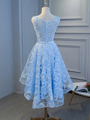 Party Dress Nye, Blue High Low Lace Prom Dresses, Blue High Low Lace Graduation Homecoming Dresses