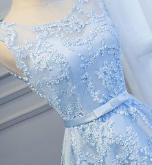 Party Dress For Girls, Blue High Low Lace Prom Dresses, Blue High Low Lace Graduation Homecoming Dresses