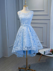 Party Dress Over 43, Blue High Low Lace Prom Dresses, Blue High Low Lace Graduation Homecoming Dresses