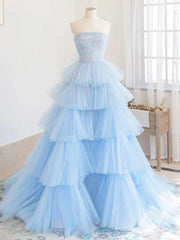 Party Dress Online, Blue High Low Tulle Prom Dresses, Blue Tulle High Low Formal Graduation Dresses