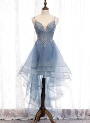 Formal Dresses Australia, Blue High Low Tulle V-neckline Straps Party Dress with Lace, Cute Homecoming Dress
