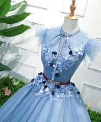 Prom Dress Pieces, Blue High Neck Tulle Blue Long Prom Dress, Blue Evening Dress