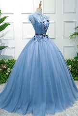 Prom Dress Piece, Blue High Neck Tulle Blue Long Prom Dress, Blue Evening Dress