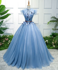 Prom Dresses Silk, Blue High Neck Tulle Blue Long Prom Dress, Blue Evening Dress