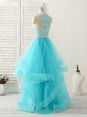 Party Dress Teen, Blue High Neck Tulle Long Prom Dress Blue Evening Dress