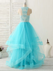 Party Dresses Teen, Blue High Neck Tulle Long Prom Dress Blue Evening Dress