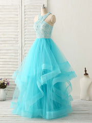 Party Dress Look, Blue High Neck Tulle Long Prom Dress Blue Evening Dress