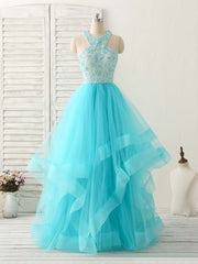 Party Dresses Teens, Blue High Neck Tulle Long Prom Dress Blue Evening Dress