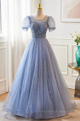 Party Dresses Outfit Ideas, Blue Illusion Neck Puff Sleeves A-line Sequined Long Prom Dress