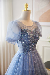 Party Dress Outfits Ideas, Blue Illusion Neck Puff Sleeves A-line Sequined Long Prom Dress