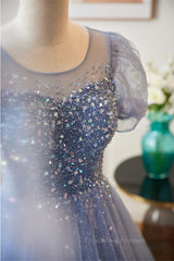 Party Dress Party, Blue Illusion Neck Puff Sleeves A-line Sequined Long Prom Dress