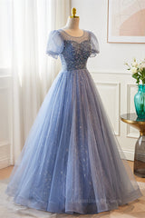 Party Dresses Casual, Blue Illusion Neck Puff Sleeves A-line Sequined Long Prom Dress
