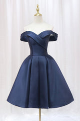 Prom Dresses Inspiration, Blue Knee Length Satin Short Prom Dress, Off the Shoulder Blue Homecoming Dress