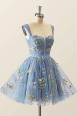 Prom Dresses Shops, Blue Knee Length Tulle Party Dress, Cute Blue  Floral Tulle Homecoming Dress