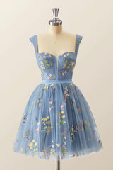 Prom Dress Shops, Blue Knee Length Tulle Party Dress, Cute Blue  Floral Tulle Homecoming Dress