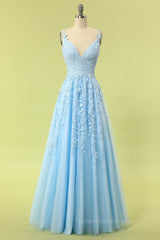 Prom Dresses 2058 Ball Gown, Blue Lace Appliques A-line Long Formal Dress