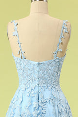 Prom Dresses 2057 Short, Blue Lace Appliques A-line Long Formal Dress